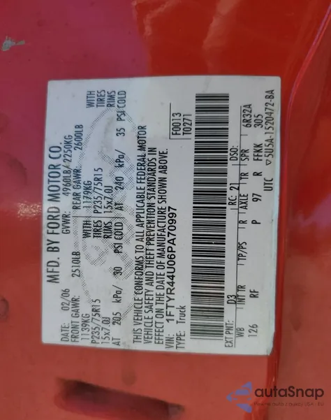 2006 Ford Ranger Super Cab from USA, damaged, VIN 1FTYR44U06PA70997